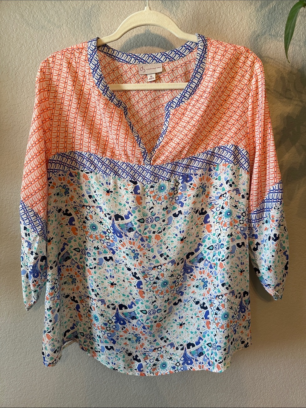 Blue & Coral Mixed-Print Women's Tunic Top